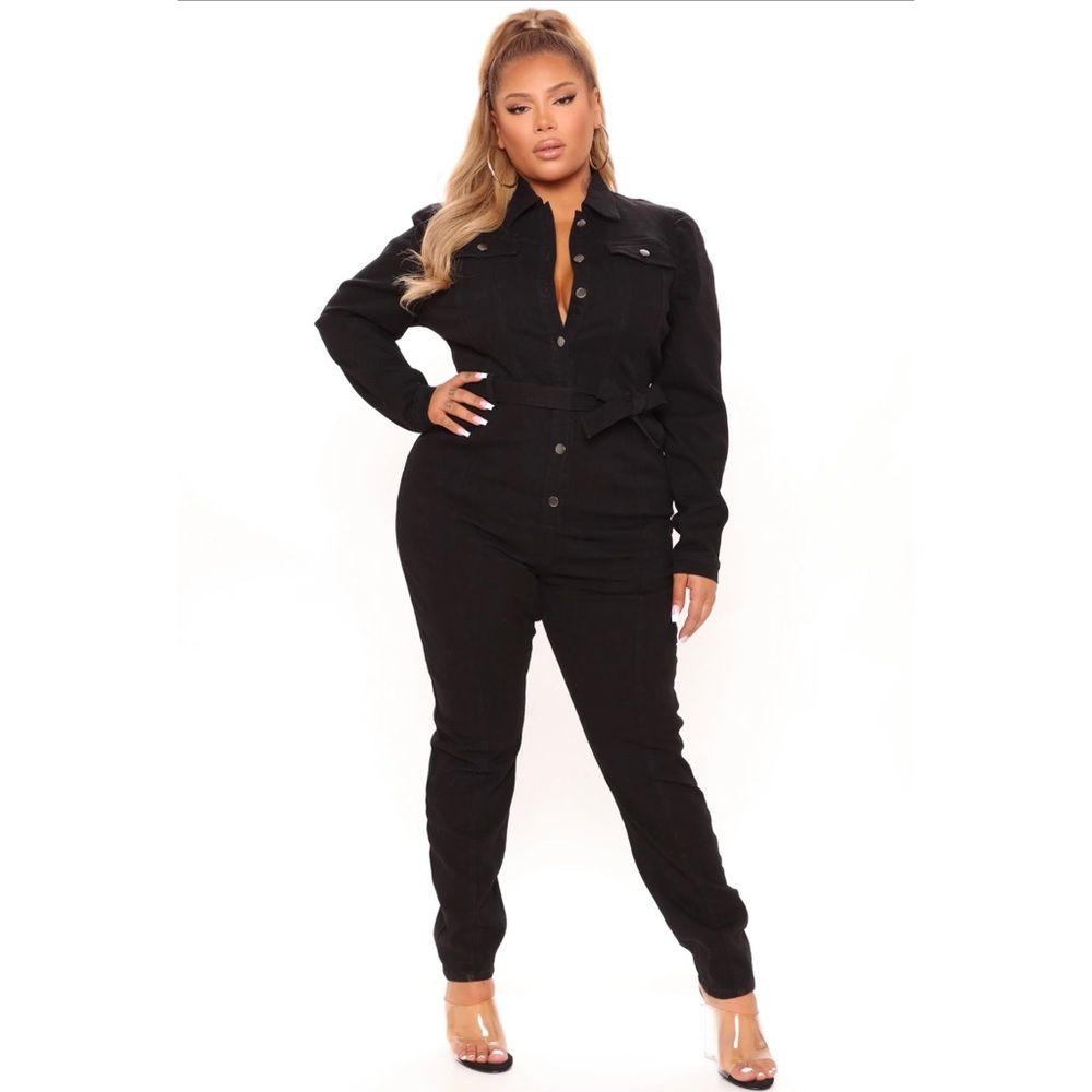 Black long sleeve denim jeans jumpsuit